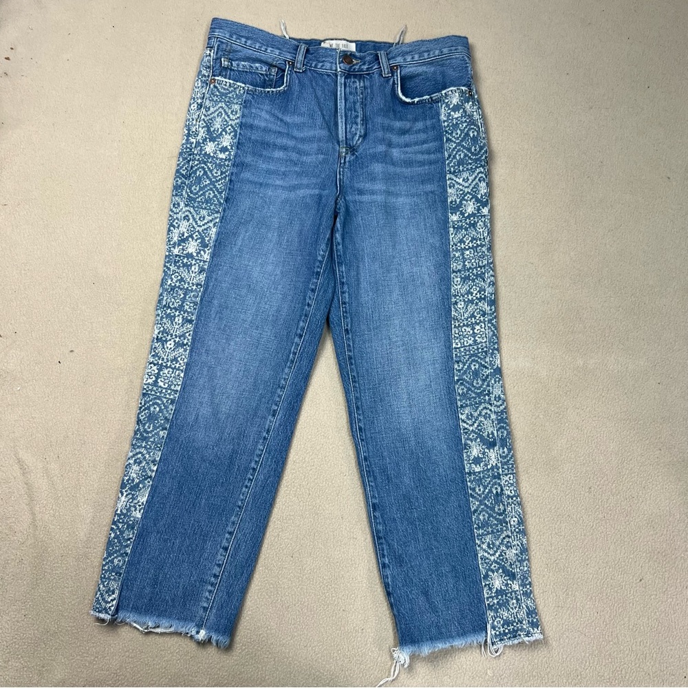 We The Free People Jeans Womens 28 Blue Aztec Panel Button Fly Raw Hem Boyfriend